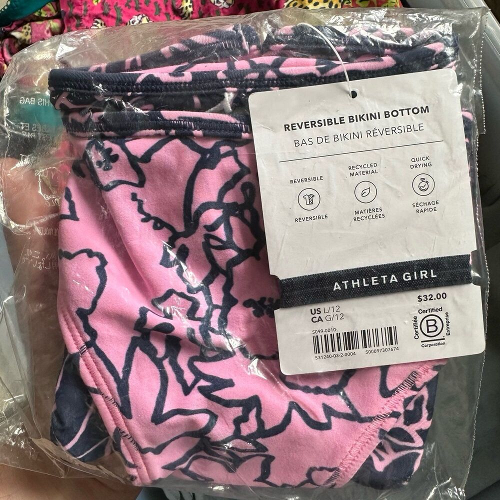 Athleta Girl Reversible Bikini Bottom Pink Navy Blue Abstract Floral Girls L/12